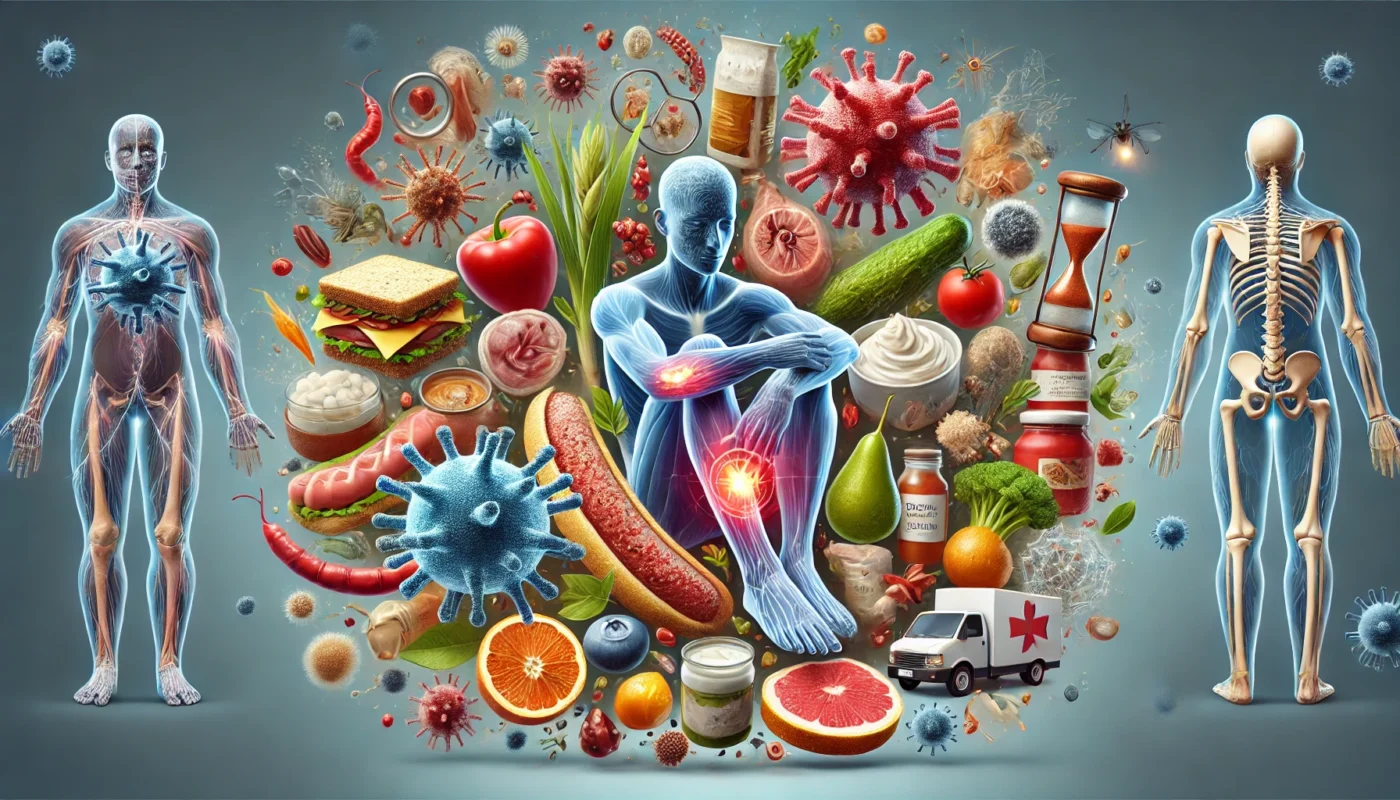 A visually appealing conceptual illustration showcasing key inflammation triggers, including bacteria, viruses, physical injuries, unhealthy foods, and environmental pollutants such as smoke and chemicals.