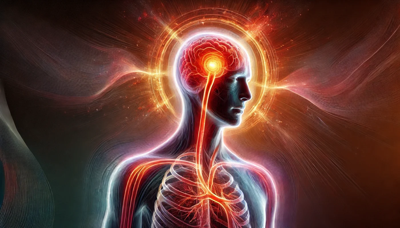 An artistic depiction of a human figure with red and orange gradients radiating from the head and torso, symbolizing heat and immune activation during fever and inflammation.