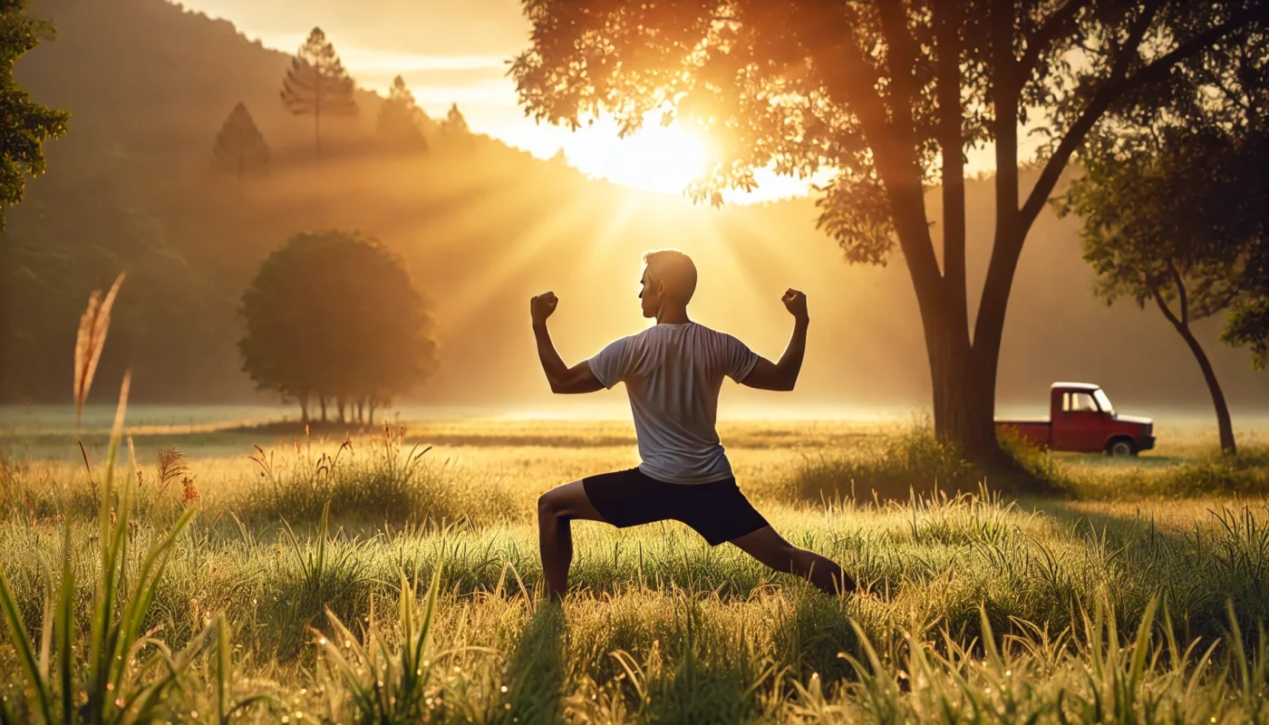 A serene outdoor scene of a middle-aged person performing the warrior yoga pose on a grassy field during sunrise, symbolizing joint flexibility, strength, and overall wellness.