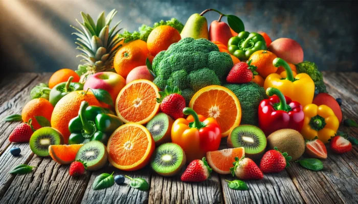 A colorful assortment of Vitamin C-rich fruits and vegetables, including oranges, strawberries, kiwis, bell peppers, and broccoli, known for reducing swelling after surgery.