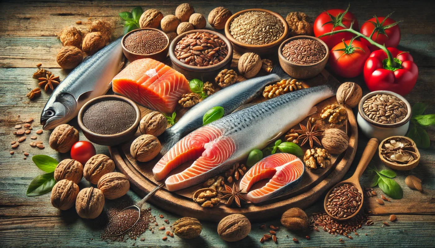 A beautifully arranged selection of omega-3-rich foods such as salmon, walnuts, flaxseeds, chia seeds, and mackerel on a rustic wooden surface. These anti-inflammatory foods help reduce swelling associated with edema.