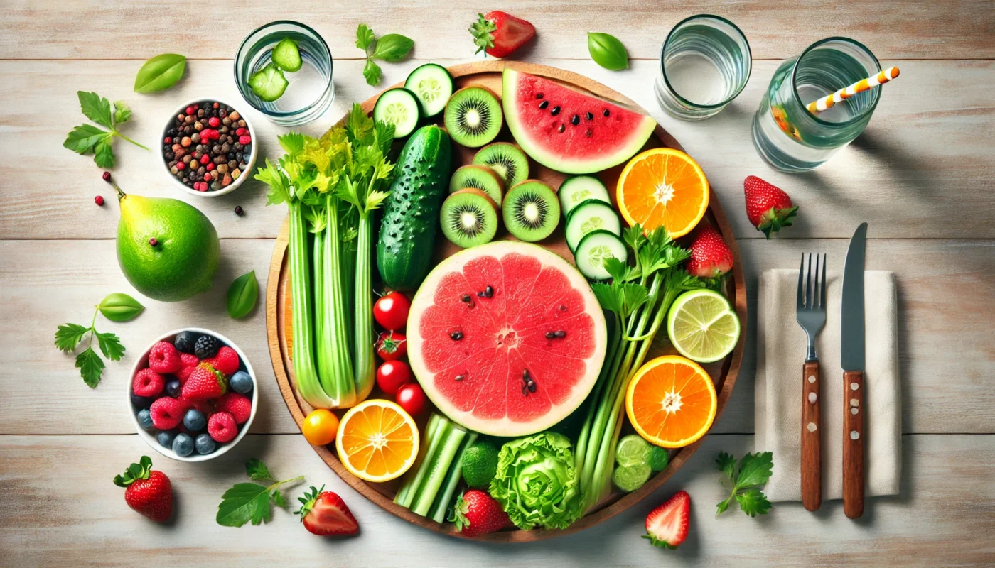 A colorful selection of hydrating foods, including cucumbers, watermelon, celery, oranges, and strawberries, arranged on a light wooden surface. These water-rich foods support kidney function and help manage edema naturally.