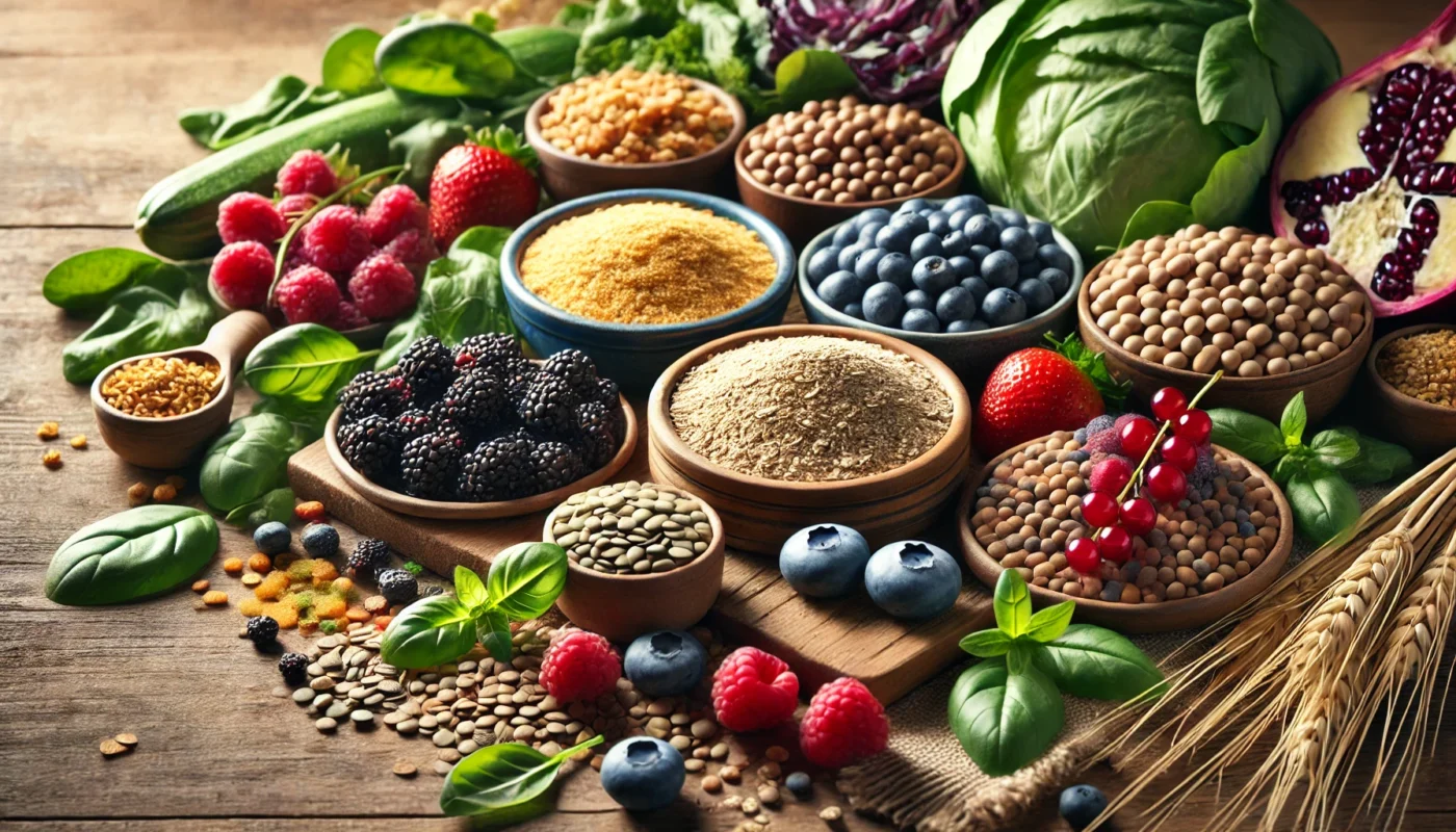 A nutritious assortment of fiber-rich foods, featuring quinoa, oats, fresh berries, lentils, and leafy greens on a wooden table. These high-fiber foods promote digestion and aid in fluid balance to reduce edema.