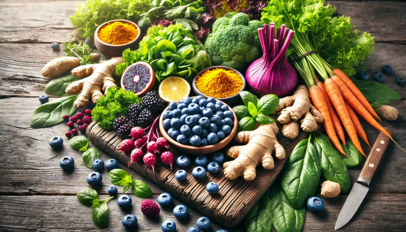 A colorful arrangement of fresh anti-inflammatory foods, including blueberries, turmeric roots, ginger, and leafy greens, on a rustic wooden table. Perfect representation of a healthy diet promoting inflammation reduction.