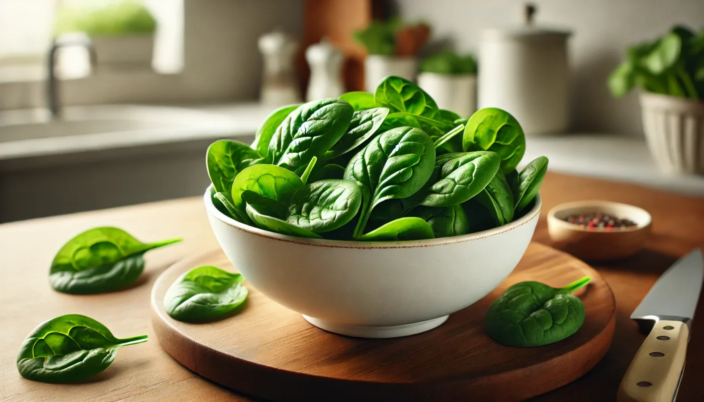 A white ceramic bowl filled with fresh baby spinach leaves, placed on a wooden kitchen countertop under natural lighting, highlighting their vibrant green color and anti-inflammatory properties.