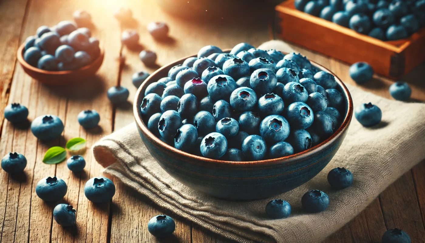 A vibrant bowl of fresh blueberries placed on a rustic wooden table, with natural lighting highlighting their antioxidant-rich properties and deep blue color, promoting joint health.