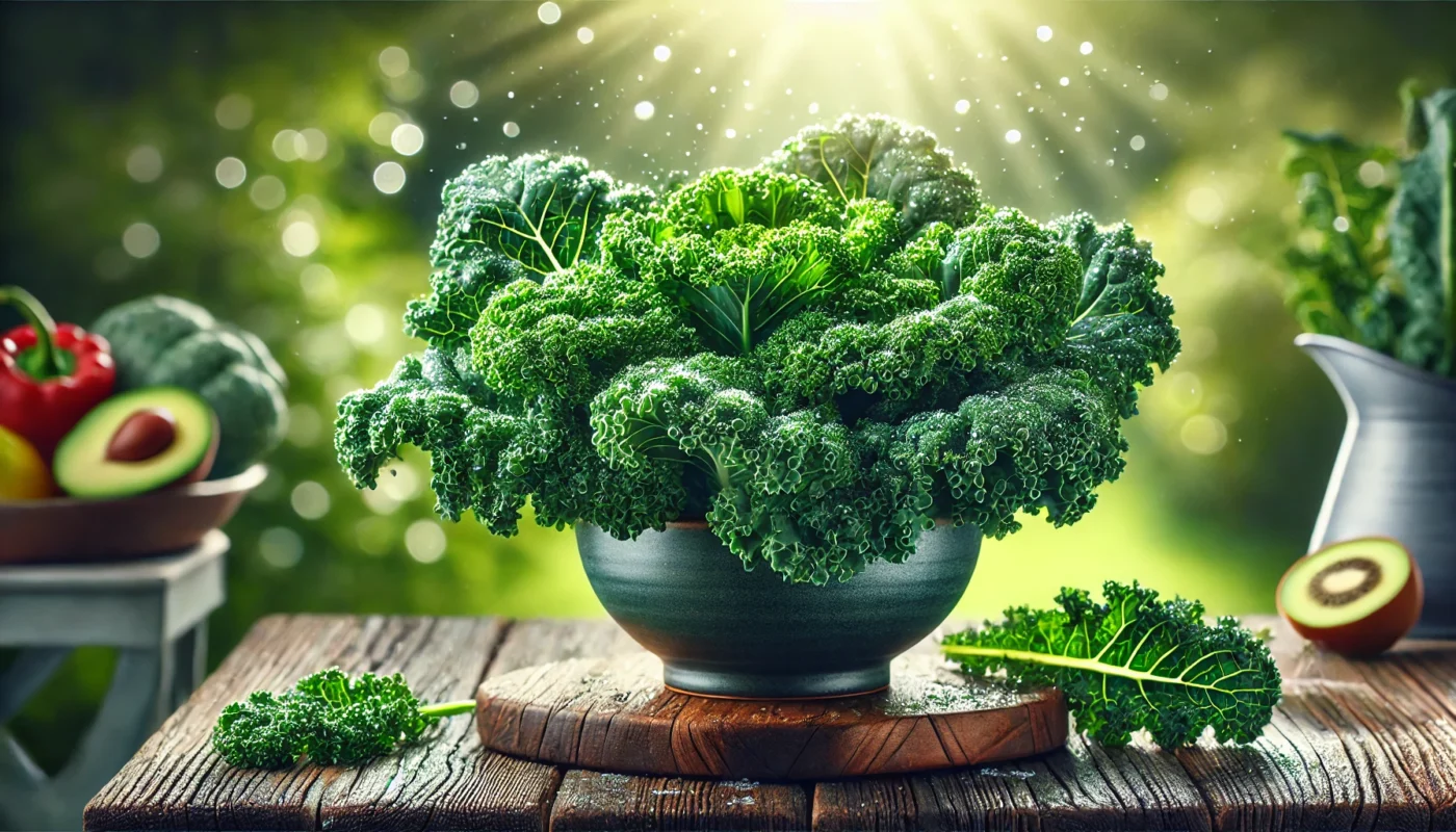 A close-up view of vibrant kale leaves with rich green color and dewdrops, set against a blurred natural background, emphasizing texture and vitality. Ideal for highlighting kale's superfood qualities.