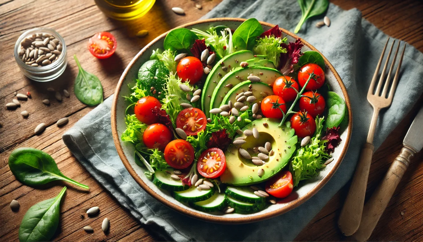 A vibrant anti-inflammatory salad featuring mixed leafy greens, cherry tomatoes, sliced cucumbers, avocado chunks, drizzled with olive oil, and garnished with sunflower seeds, presented in a white bowl under natural lighting.