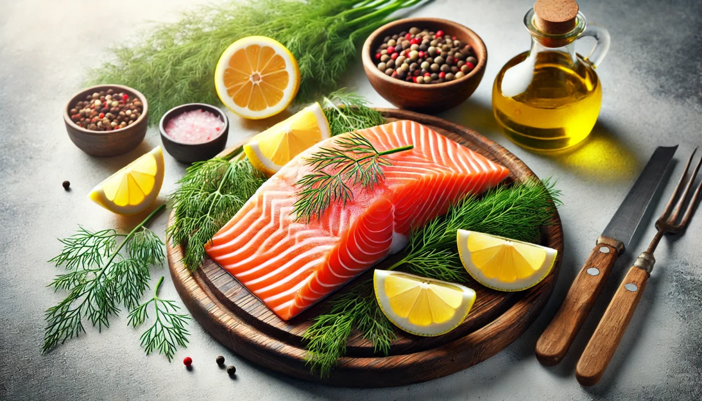 A fresh salmon fillet on a wooden board surrounded by lemon slices, dill, and olive oil, under soft natural lighting, emphasizing its nutritional value and role as an anti-inflammatory food.