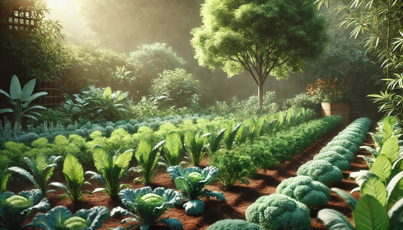 A serene outdoor vegetable garden featuring lush kale, spinach, and broccoli plants growing in orderly rows, illuminated by soft sunlight. Highlights the freshness and sustainability of high-protein, anti-inflammatory vegetables. Text-free and minimalistic in widescreen format.