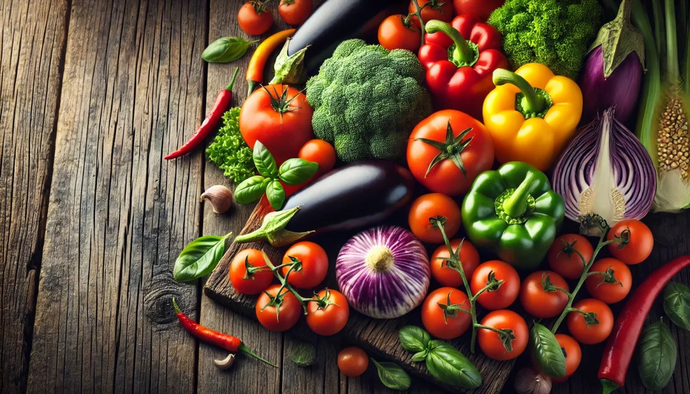 A close-up image of vibrant fresh vegetables, including tomatoes, eggplants, and bell peppers, arranged on a rustic wooden surface, symbolizing food sensitivities.