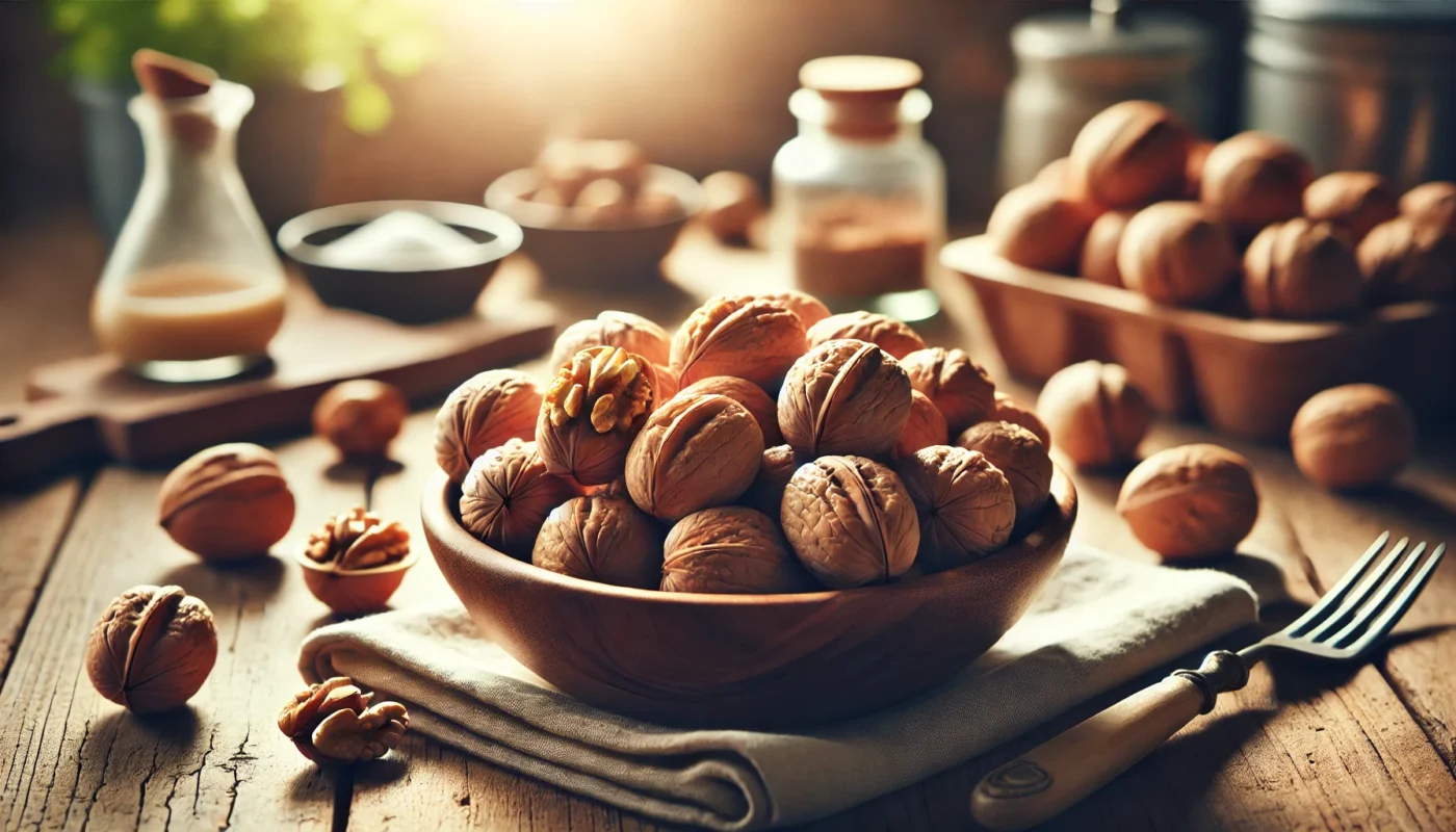 A bowl of fresh walnuts placed on a wooden kitchen counter, with natural lighting showcasing their texture and nutritional richness, highlighting their heart-healthy benefits.