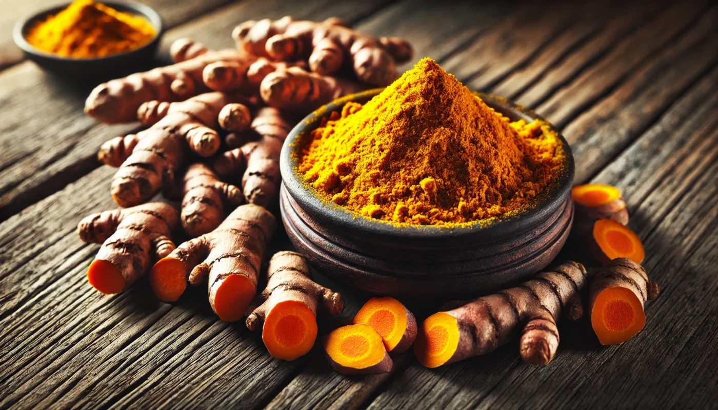 A close-up of fresh turmeric roots and a small bowl of ground turmeric on a rustic wooden surface, with bright orange hues highlighted by natural lighting to showcase their anti-inflammatory properties.