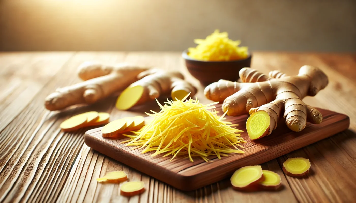 Freshly grated ginger and thin slices of ginger root arranged on a bamboo cutting board, highlighted by soft natural lighting to showcase its vibrant yellow color and anti-inflammatory benefits.