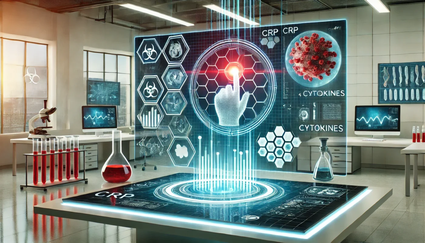 A modern widescreen visualization of a futuristic laboratory focused on inflammation measurement, featuring holographic displays of CRP and cytokine levels, advanced technology monitors, and a minimalist, clean design with test tubes in the background.