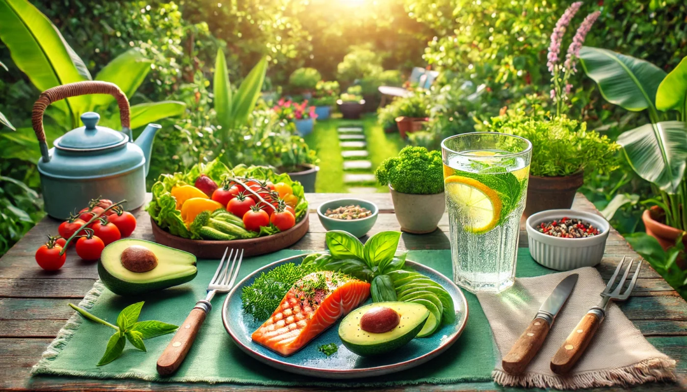 A text-free widescreen image of a garden dining scene featuring grilled salmon, avocado slices, and roasted vegetables on a plate, accompanied by a glass of infused water. Lush greenery and sunlight emphasize a healthy and joint-supportive lifestyle.