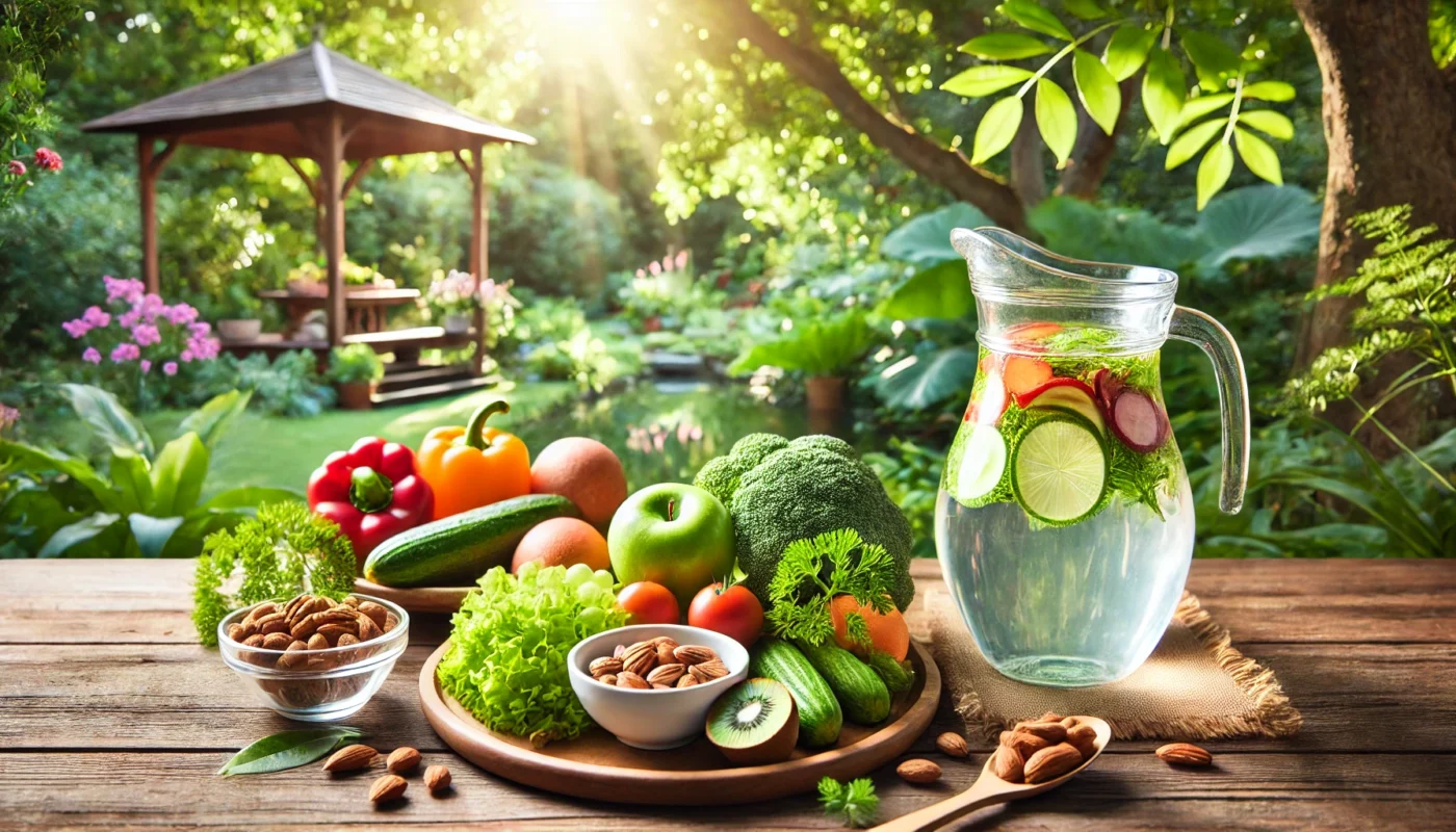 A text-free tranquil garden setting with a wooden table showcasing fresh vegetables, fruits, nuts, and a glass pitcher of infused water. Surrounded by natural greenery and sunlight, the scene emphasizes healthy and serene living.