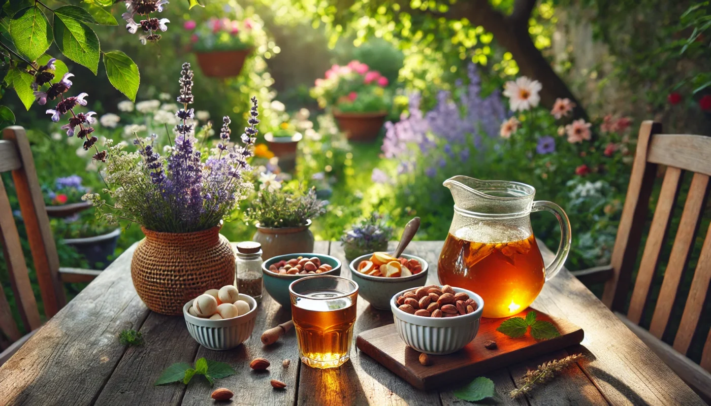 A tranquil garden table scene featuring a pitcher of herbal tea and small bowls of anti-inflammatory snacks like mixed nuts and sliced fruits. Blooming flowers and dappled sunlight create a relaxing, wellness-focused setting.