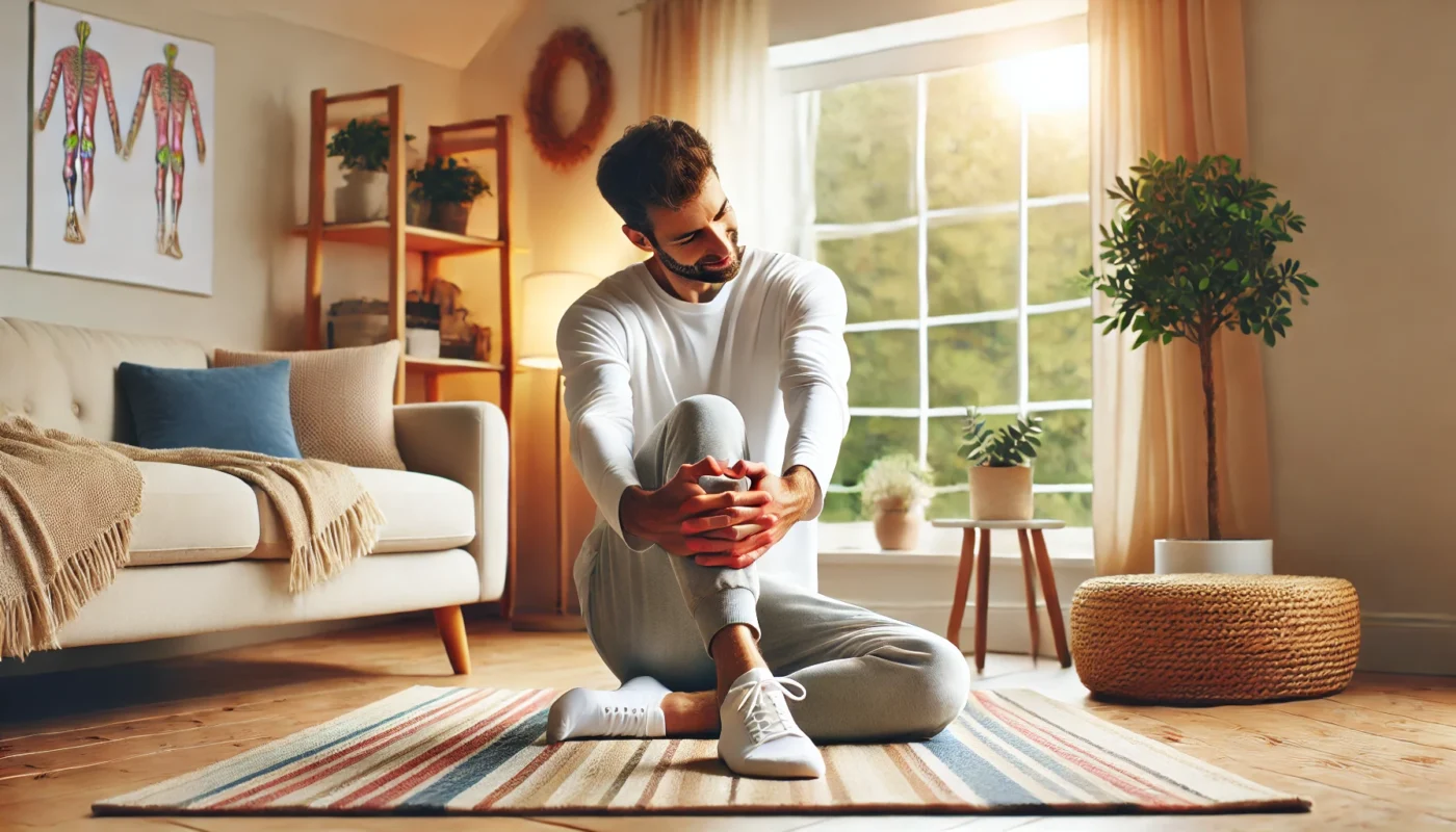 A person engaging in gentle stretching exercises in a bright and cozy home environment, promoting joint flexibility and relief from arthritis pain naturally.