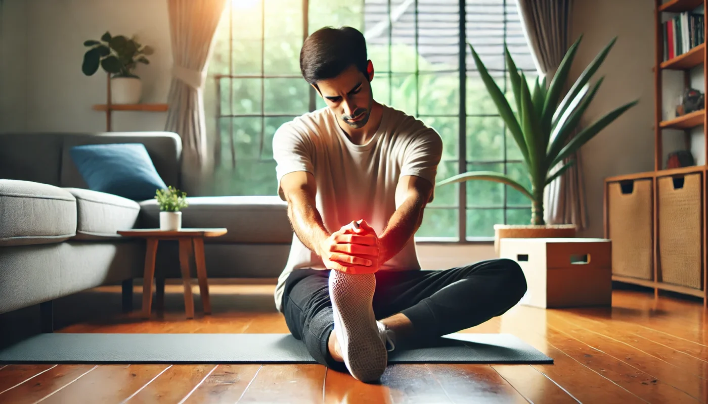 A person performing gentle stretching exercises in a bright and cozy home setting, focusing on improving joint flexibility and alleviating arthritis pain naturally.