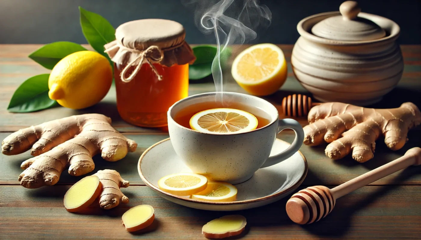 A cup of steaming ginger tea on a wooden table, accompanied by fresh ginger slices, lemon wedges, and a honey jar, showcasing its soothing and anti-inflammatory benefits for arthritis management.