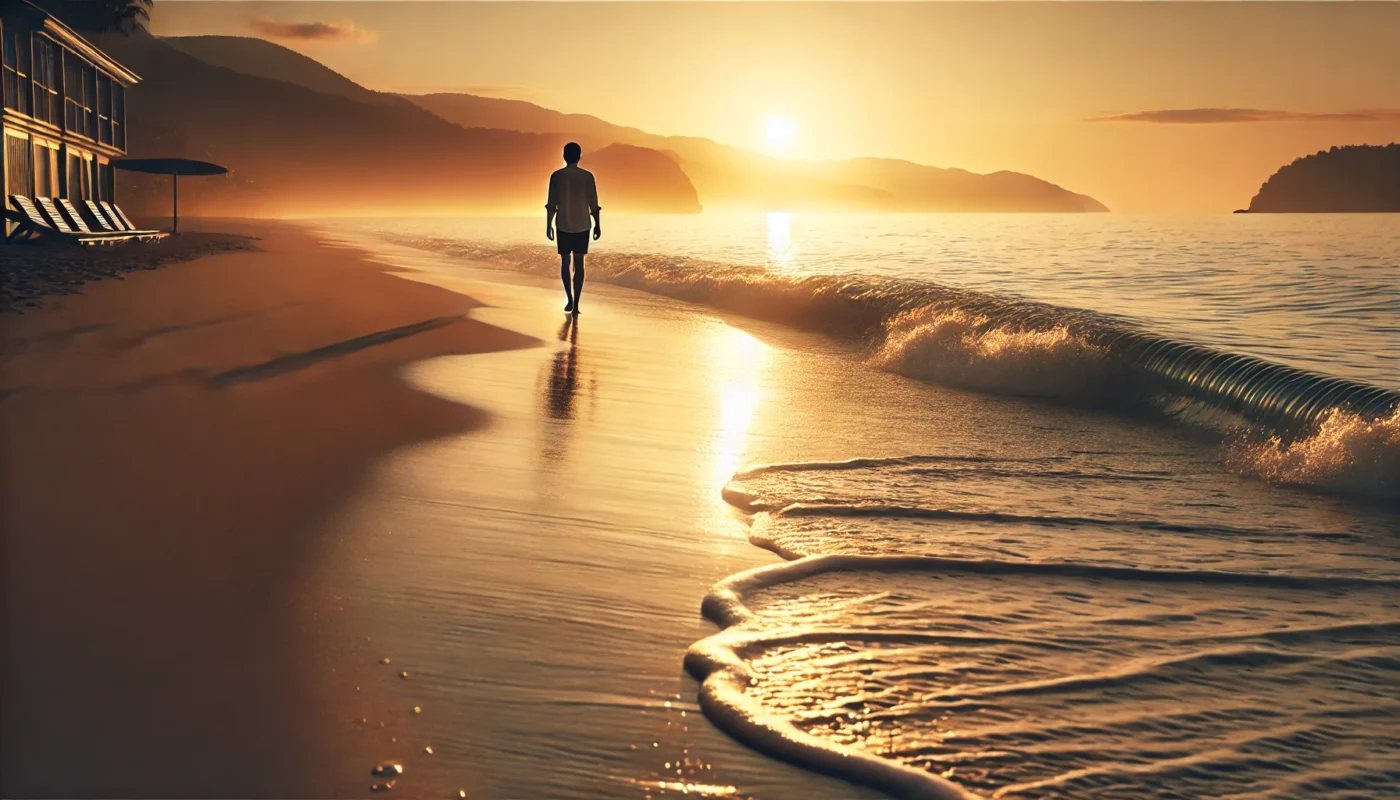 A peaceful beachside walk at sunset with a person strolling along the shore, soft golden light illuminating the scene, highlighting the stress-reducing and anti-inflammatory benefits of walking by the ocean.