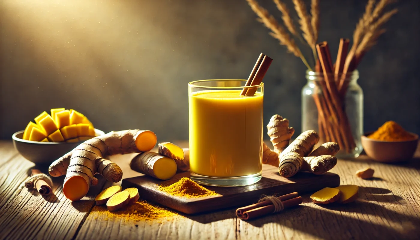 A glass of turmeric-infused golden milk surrounded by fresh turmeric roots, ginger, and cinnamon sticks on a wooden countertop, representing a natural anti-inflammatory remedy for rheumatoid arthritis.