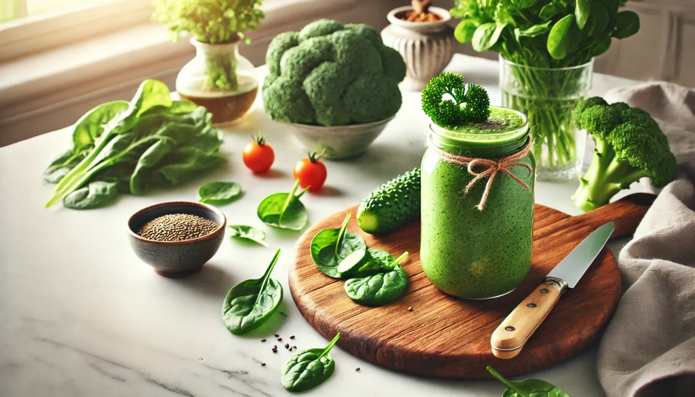 A beautifully arranged kitchen setup featuring a green smoothie made with spinach, kale, and broccoli, garnished with parsley. Surrounded by fresh vegetables and seeds on a marble countertop with soft natural lighting. Completely text-free and modern in widescreen format.