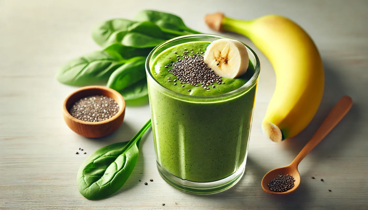 A vibrant green tea smoothie in a clear glass, garnished with a banana slice and chia seeds, placed on a light wooden surface under natural lighting, emphasizing its freshness and anti-inflammatory benefits.