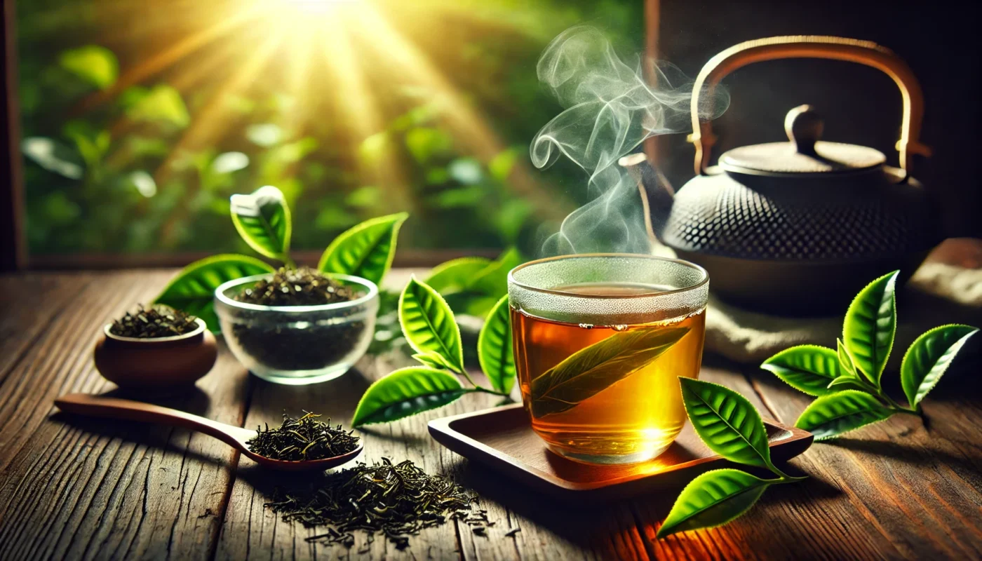 A steaming glass of green tea on a wooden table, surrounded by fresh tea leaves and a teapot, bathed in natural sunlight, symbolizing its antioxidant and anti-inflammatory benefits for arthritis relief.