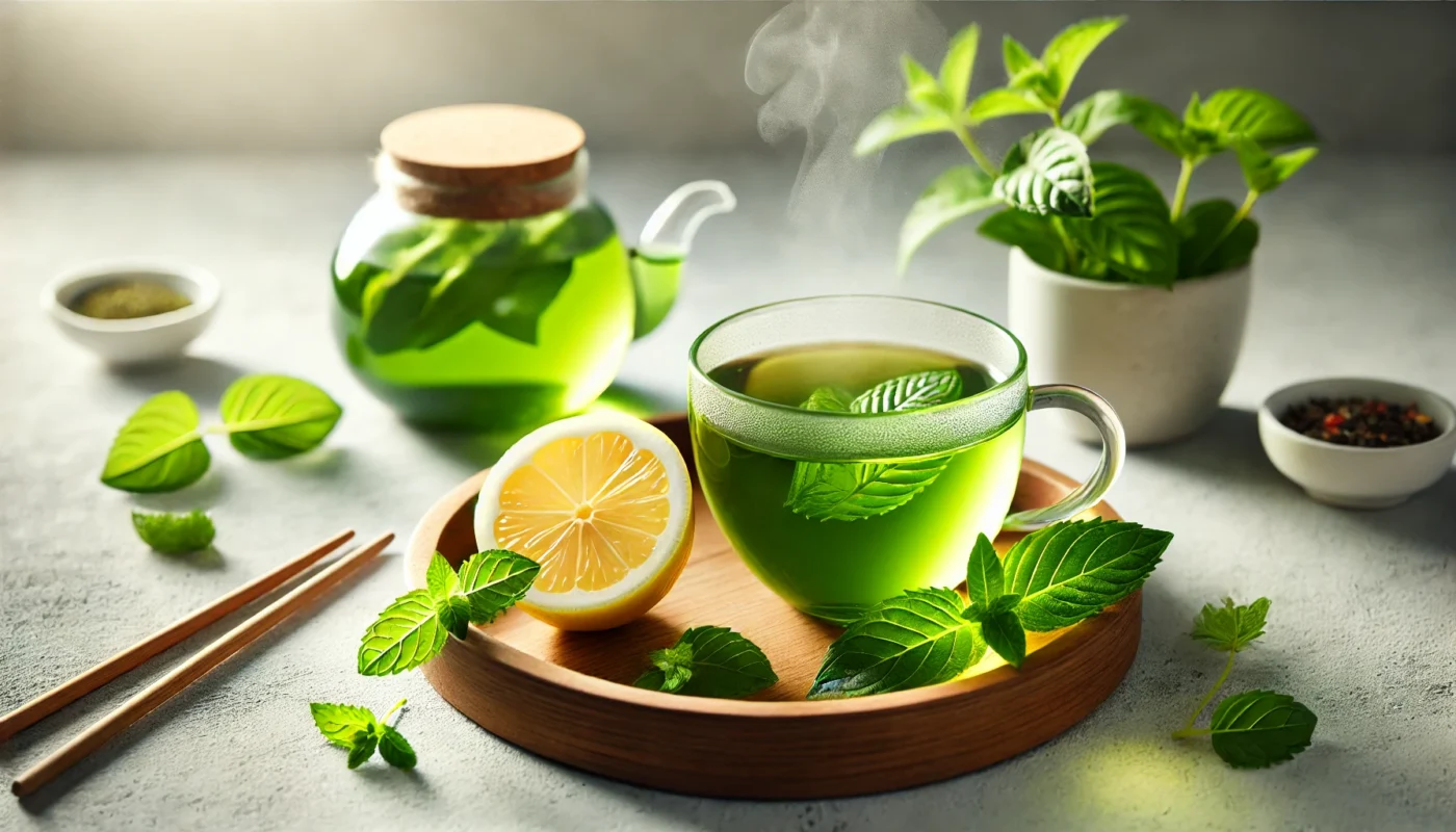 A calming setup featuring a steaming cup of green tea, garnished with a slice of lemon and a sprig of mint, placed on a wooden tray under natural lighting for a soothing and healthful ambiance.