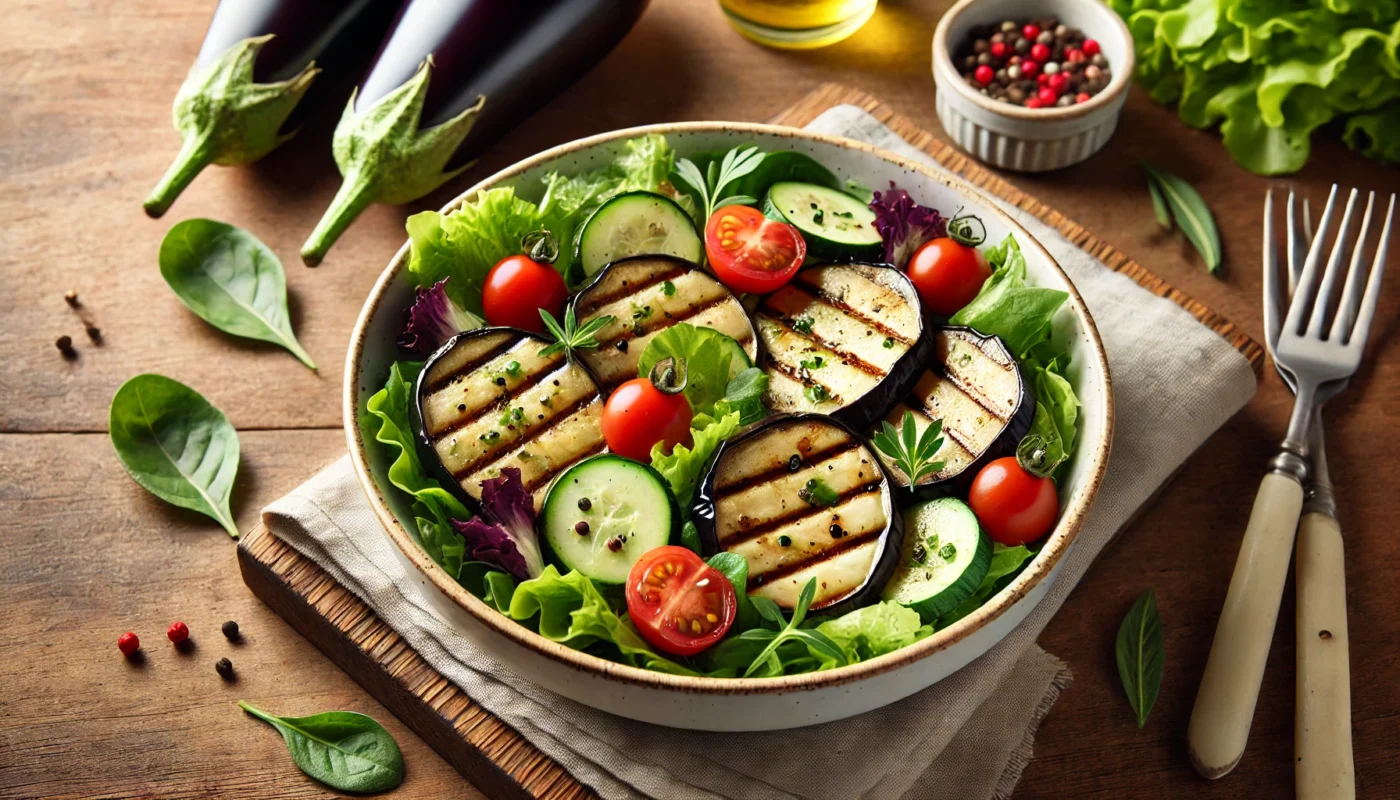 A vibrant salad with grilled eggplant cubes, mixed greens, cherry tomatoes, cucumbers, and a light lemon vinaigrette, highlighting the anti-inflammatory properties of eggplant for gout management.