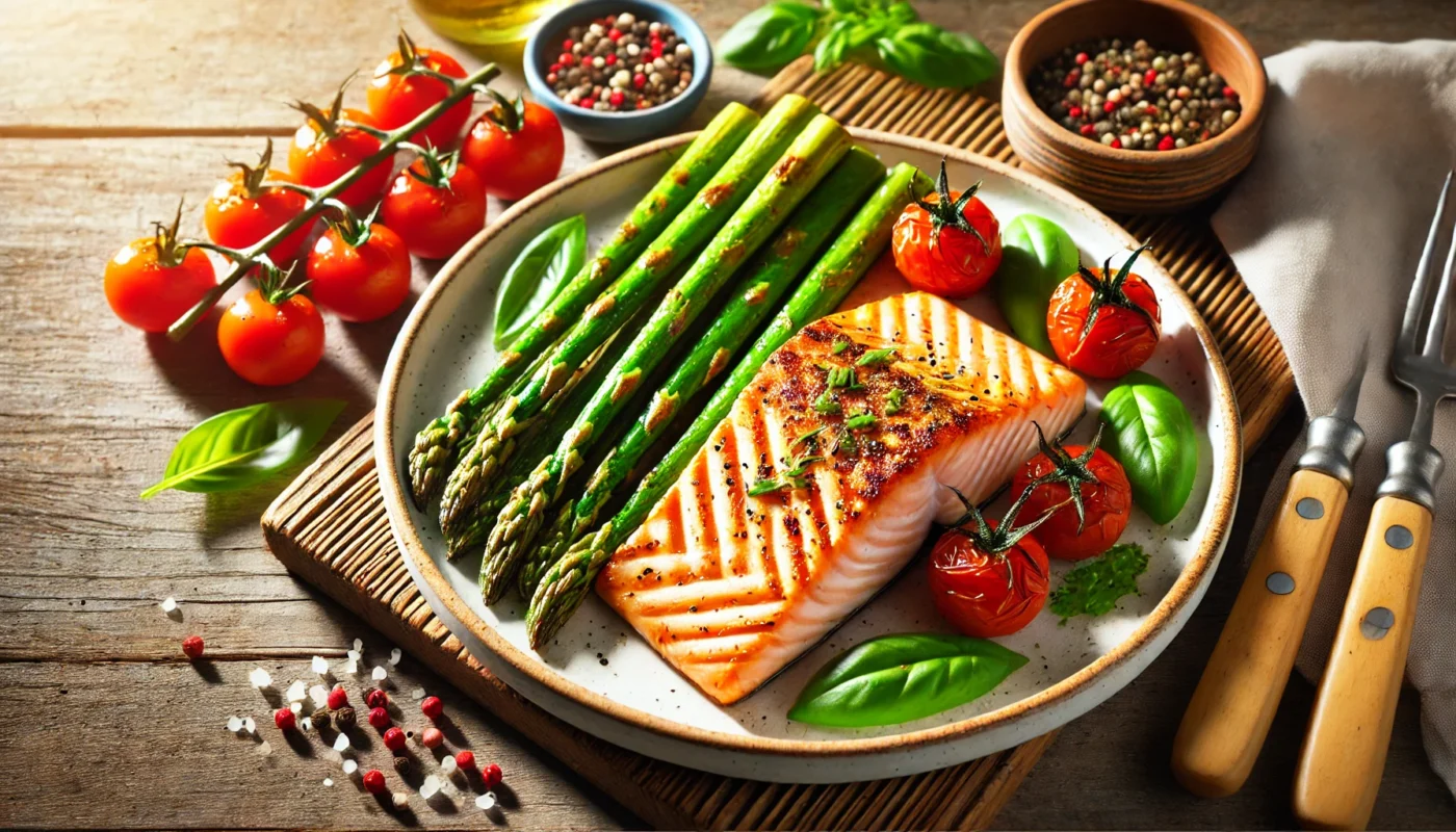 A vibrant anti-inflammatory meal featuring grilled salmon with a golden crust, accompanied by roasted asparagus and cherry tomatoes on a white ceramic plate, highlighted by natural lighting.