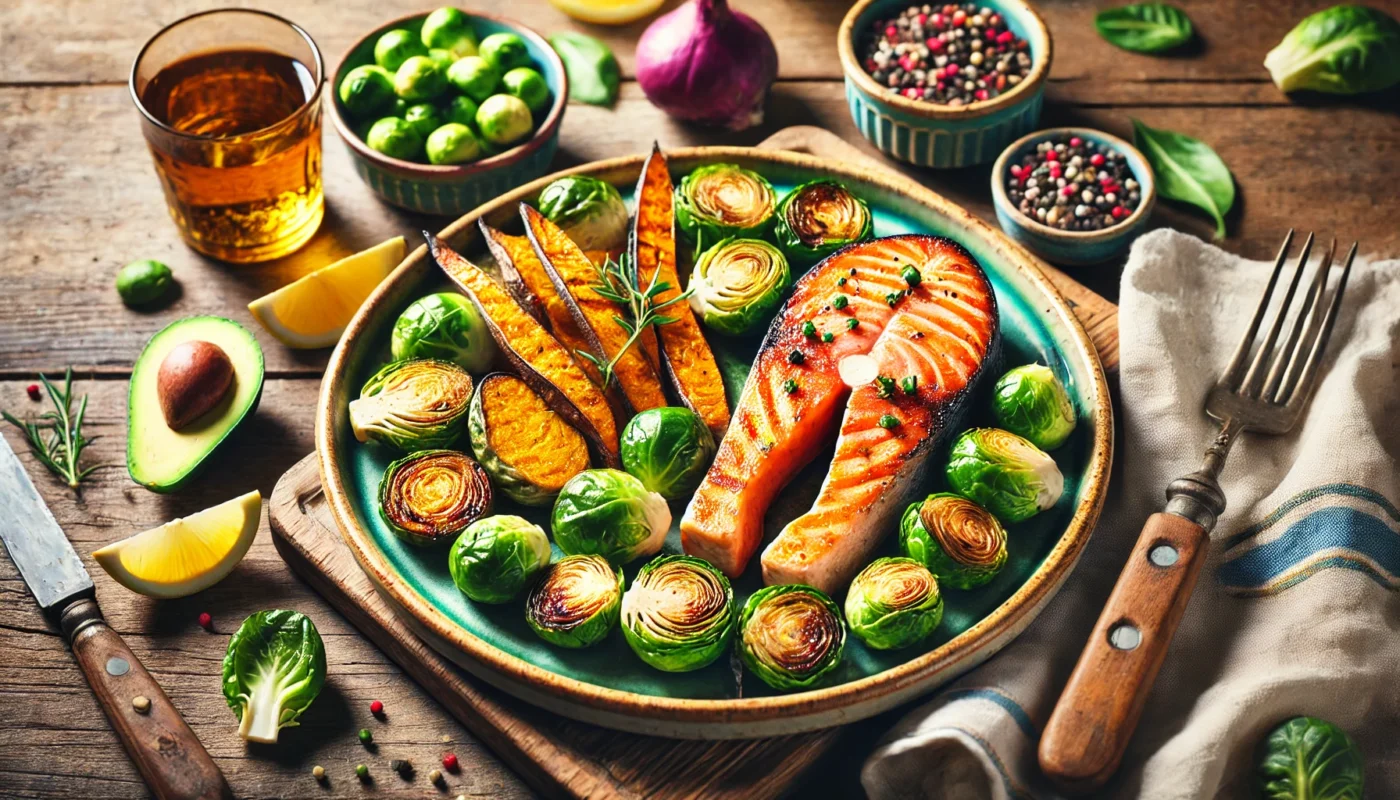 A vibrant meal featuring grilled salmon, roasted Brussels sprouts, and sweet potatoes on a ceramic plate, highlighted by natural lighting to emphasize its freshness and anti-inflammatory benefits.