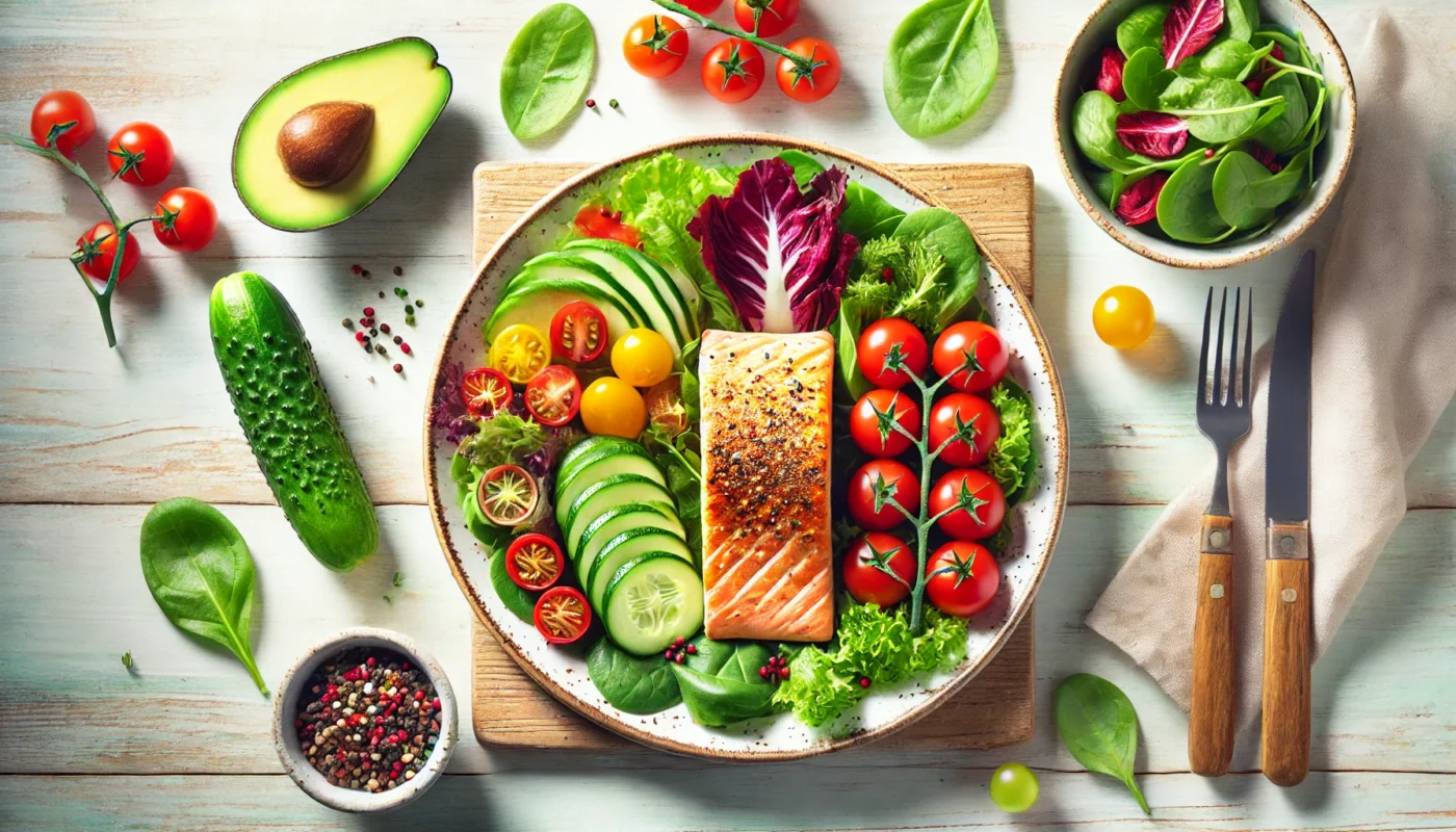 A vibrant anti-inflammatory meal featuring grilled salmon on a bed of mixed greens, with cherry tomatoes, cucumber slices, and avocado, served on a white ceramic plate and highlighted by natural lighting.