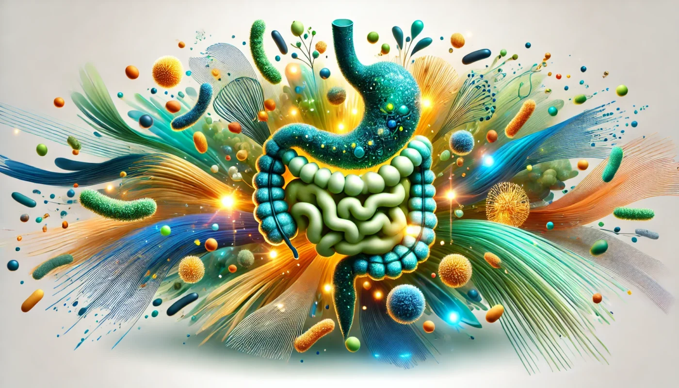 A conceptual illustration of gut microbiota's role in inflammation, featuring an abstract and harmonious ecosystem of microbes. The design uses glowing organic shapes with fluid transitions in green, blue, and yellow, symbolizing complexity and balance.