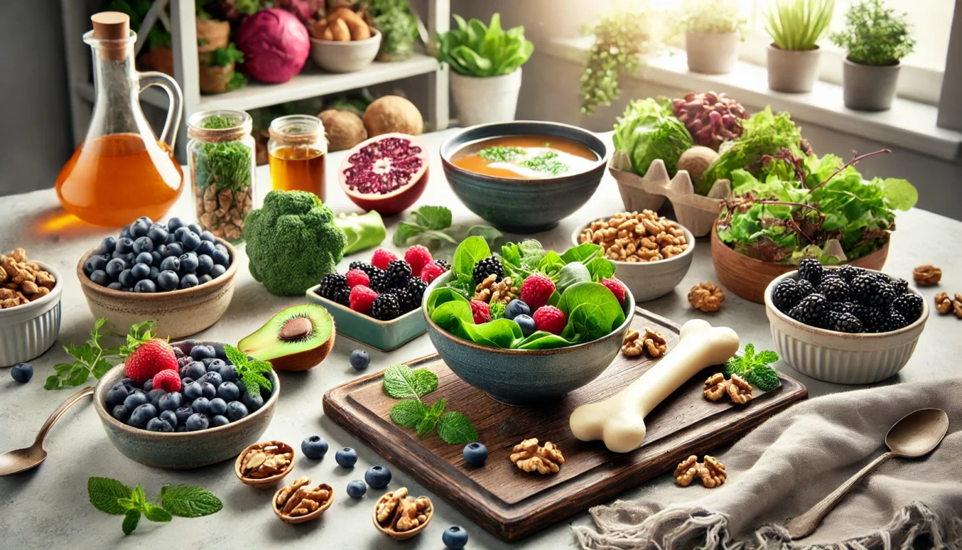 A text-free widescreen image of a bright kitchen table featuring a meal spread with cartilage-friendly foods like leafy greens, berries, walnuts, and a bowl of bone broth. Natural light and fresh herbs highlight the focus on wellness and joint health.