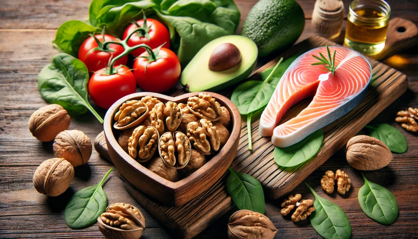 A close-up of walnuts, salmon, avocados, and leafy greens arranged on a wooden table, showcasing a balanced diet that supports cardiovascular health and helps manage triglyceride levels.