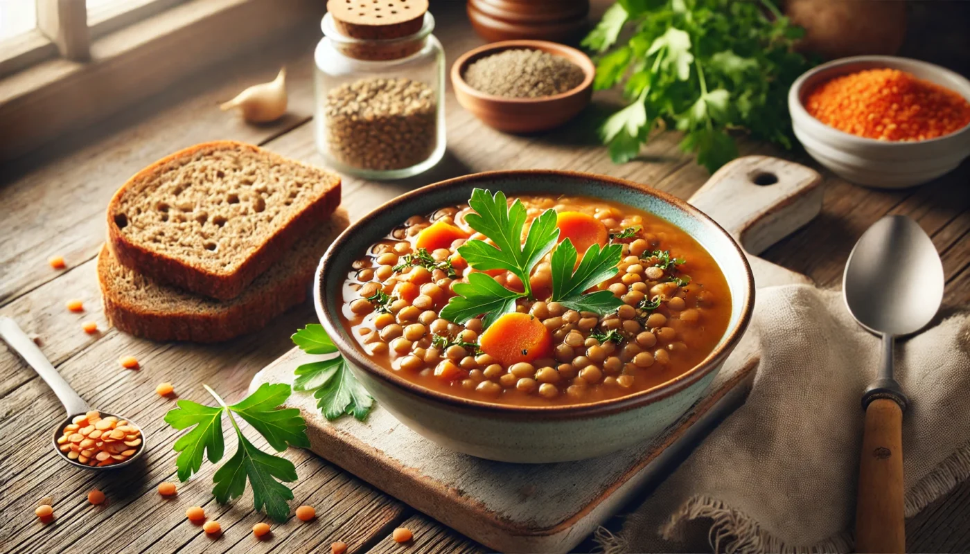 A nutritious bowl of lentil soup garnished with fresh parsley, featuring visible lentils, carrots, and celery chunks, served with a slice of whole-grain bread on a rustic wooden table under natural lighting.