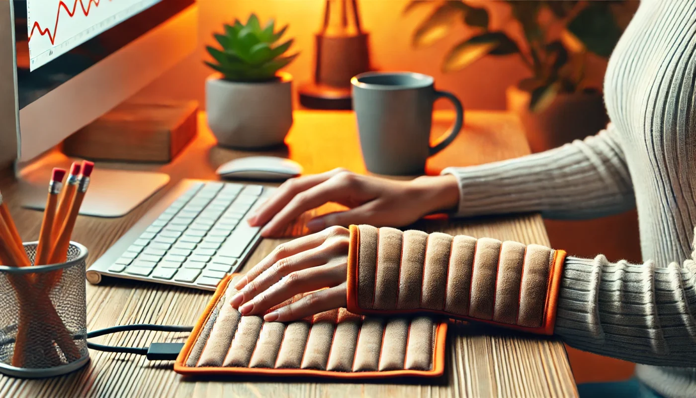 Close-up of a person using a flexible heating pad wrapped around their wrist while seated at a desk in a warm-toned home office. The scene includes a computer, a green plant, and a cup of coffee, highlighting a balance between productivity and comfort.