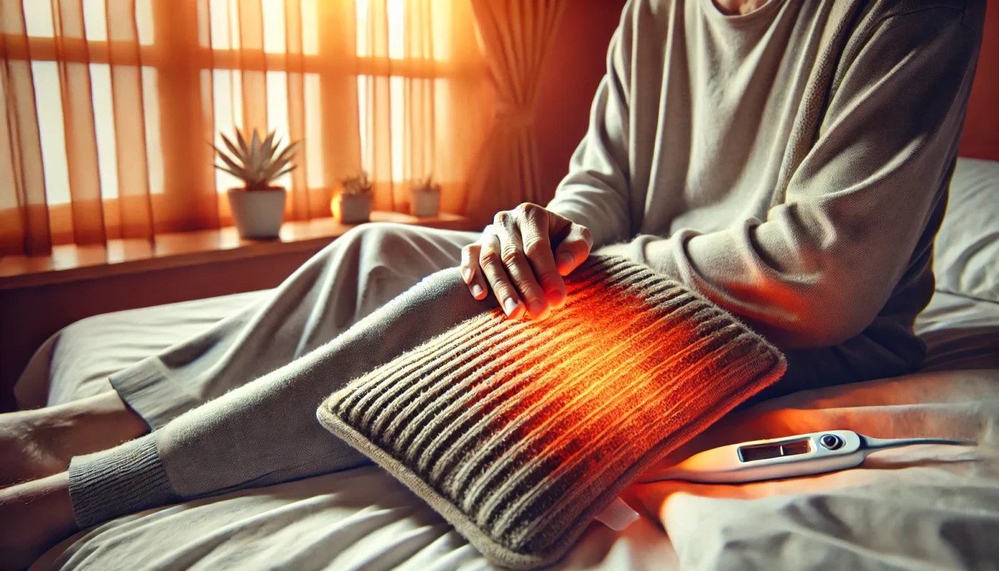 A person resting on a bed with an electric heating pad placed on their knee, emitting a warm glow in a cozy bedroom setting, highlighting its effectiveness in relieving arthritis pain.