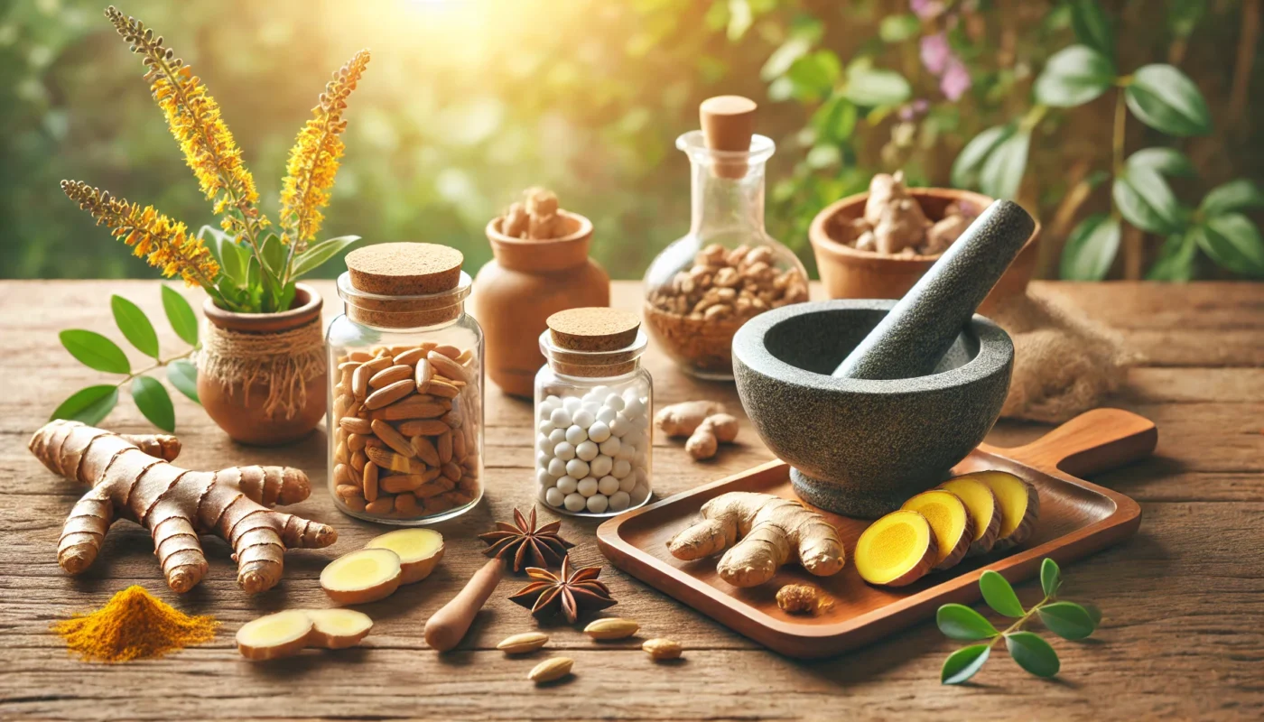 Serene arrangement of herbal supplements like turmeric, ginger, and willow bark on a wooden table with a mortar and pestle, surrounded by soft sunlight and natural greenery, symbolizing holistic pain management.