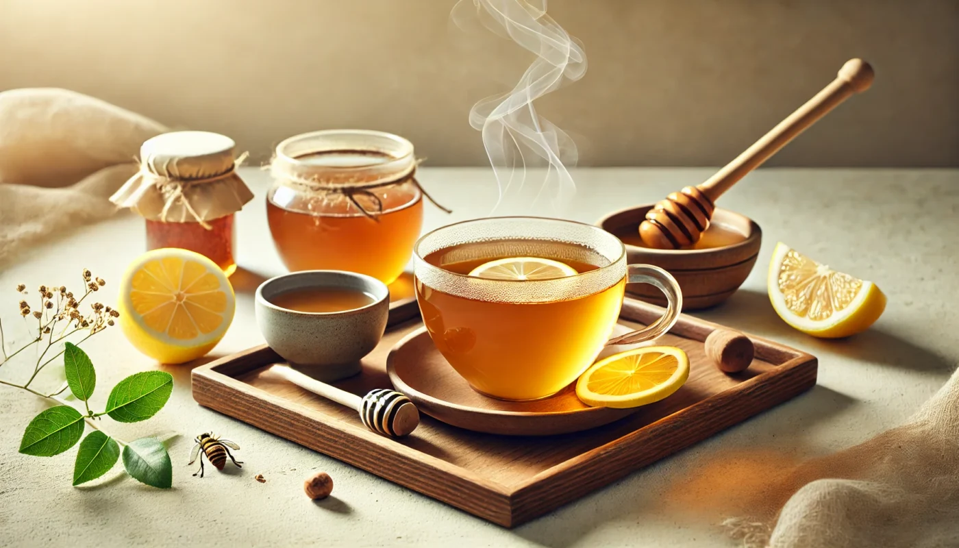 A calming arrangement featuring a cup of herbal tea with steam rising, accompanied by a small bowl of honey and a lemon slice on a wooden tray, highlighted by natural lighting to emphasize its soothing and anti-inflammatory qualities.