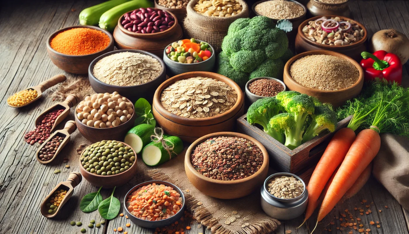 An assortment of high-fiber plant-based foods such as whole grains, legumes, and fresh vegetables displayed in bowls and baskets, showcasing their benefits for gut health and inflammation control.