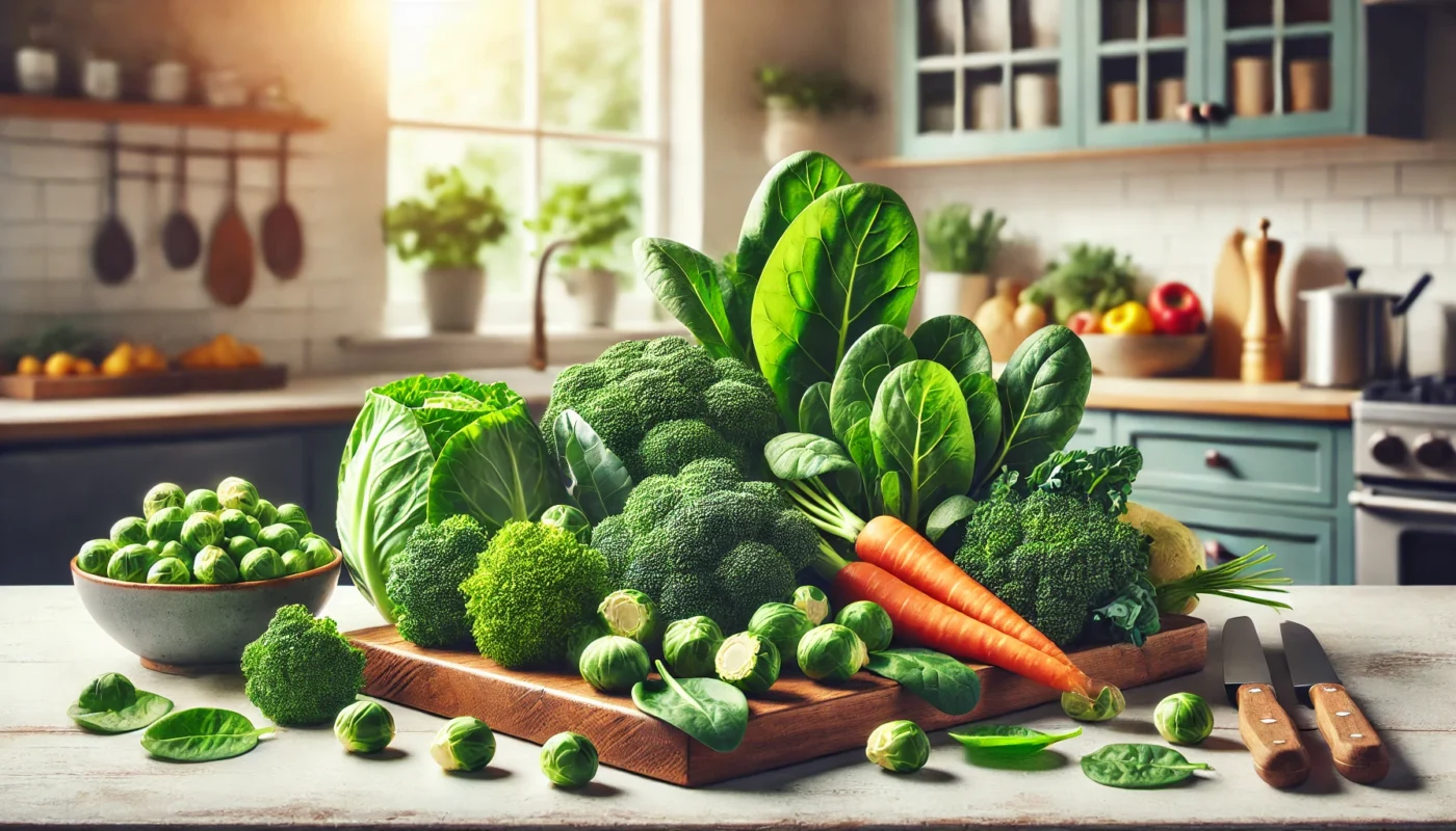 A vibrant kitchen scene showcasing high-protein, anti-inflammatory vegetables such as spinach, broccoli, kale, and Brussels sprouts arranged on a wooden cutting board with soft natural light enhancing their freshness. Minimalistic and modern setup in widescreen format.