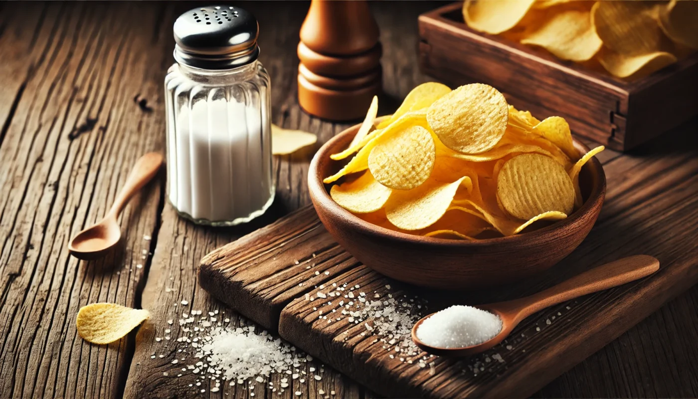 A bowl of salty potato chips with a salt shaker on a rustic wooden table, highlighting the role of excessive salt intake in exacerbating arthritis symptoms.