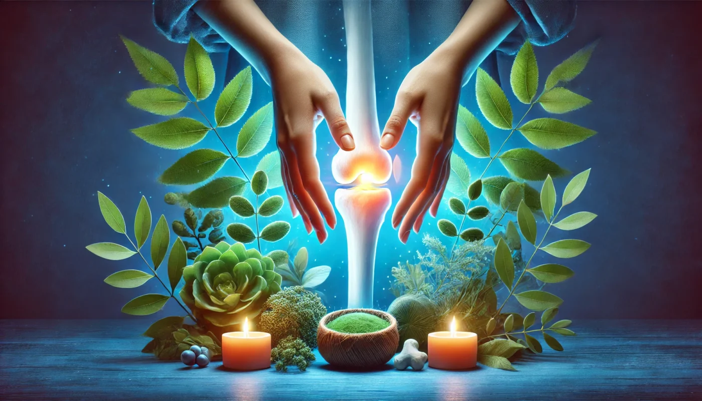 A serene illustration of joint care through holistic practices, showing hands gently cradling a glowing knee joint surrounded by natural elements like green leaves and calming blue light. The image symbolizes healing and wellness in a nature-inspired setting.