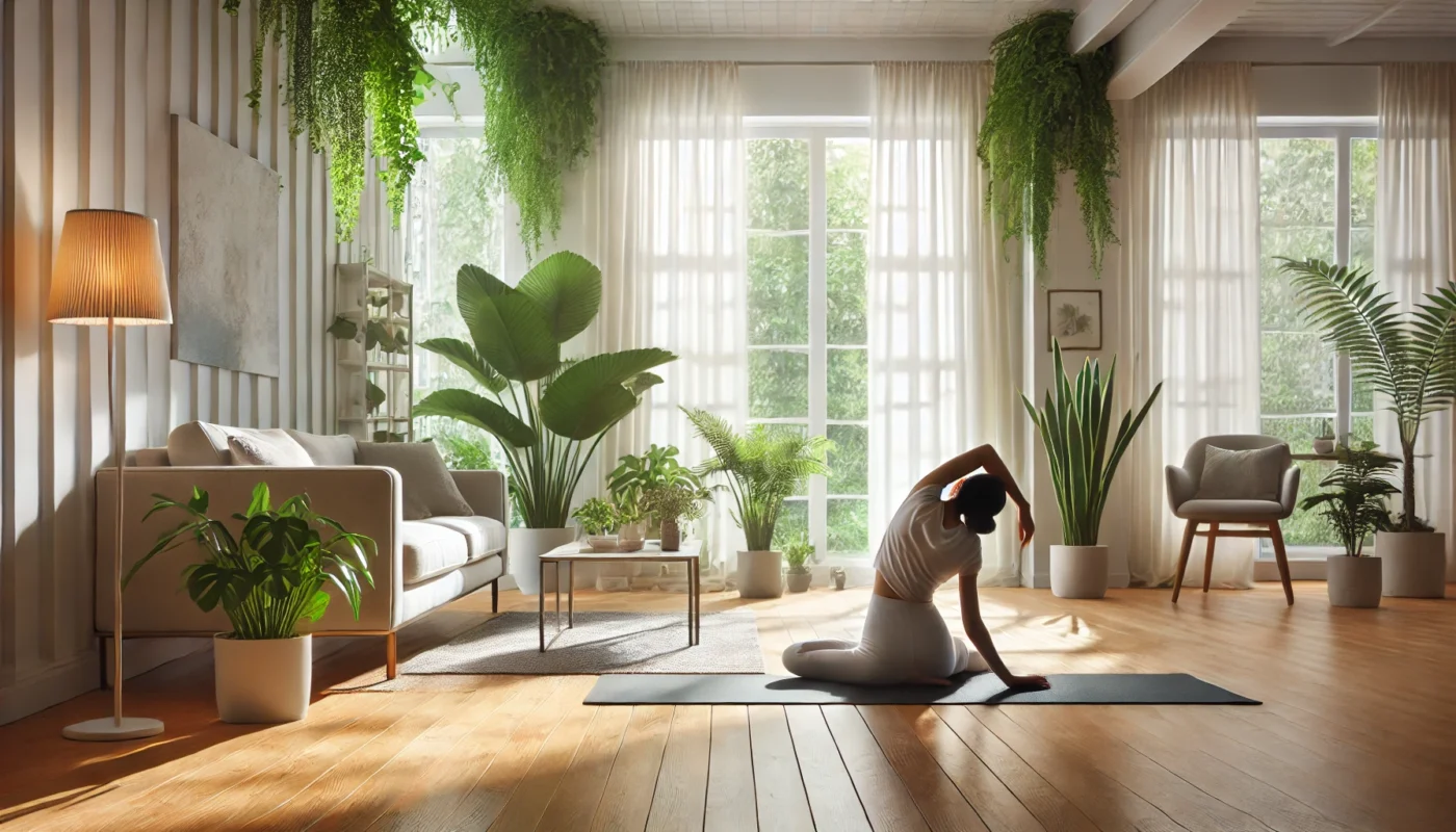 A serene home yoga practice scene with a person performing a gentle stretch for neck and shoulder relief in a bright and calming living room, surrounded by indoor plants, a yoga mat, and sunlight streaming through large windows, promoting relaxation and holistic health.