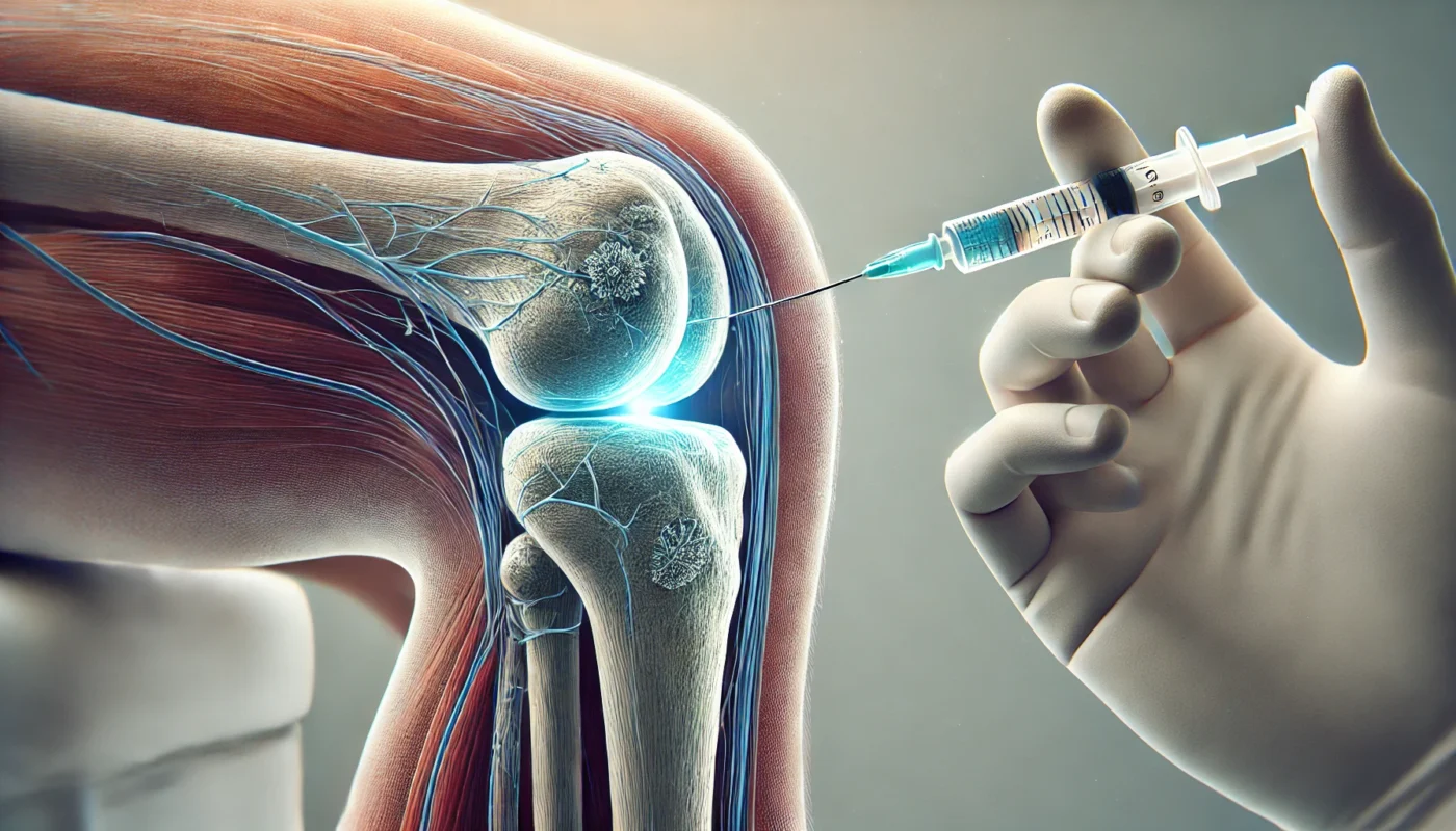 What is the best relief for arthritis in knee? This is a close-up illustration of a knee receiving a hyaluronic acid injection, emphasizing precision and the aim to enhance joint lubrication. The clinical setting is clean, with the gloved hand of a medical professional administering the treatment.