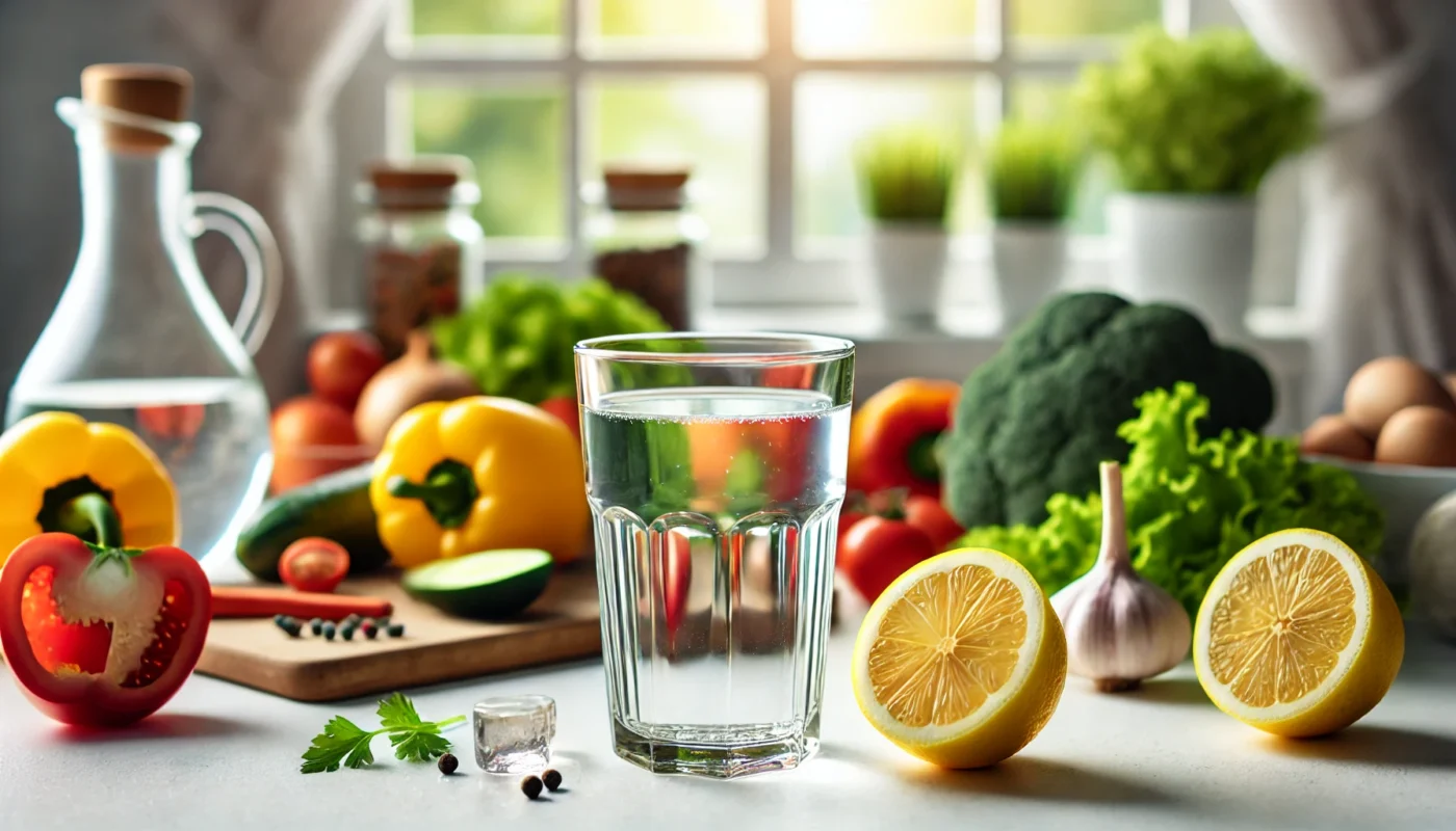 A clear glass of water with a slice of lemon on a bright kitchen counter, surrounded by fresh vegetables and fruits, emphasizing hydration and its role in joint health.